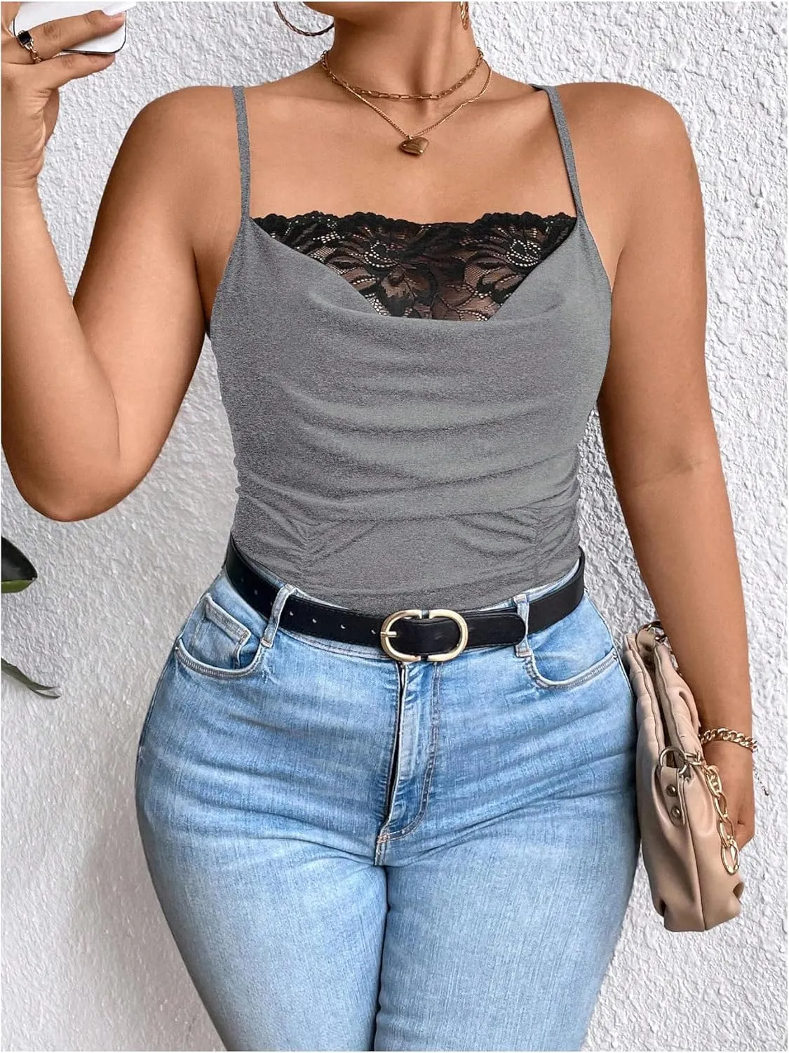 SOLY HUX Women's Plus Size Lace Trim Ruched Cami Tops Spaghetti Strap Draped Front Camisole