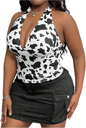 SOLY HUX Women's Plus Size Sexy Halter Deep V Neck Tank Top Backless Sleeveless Slim Fitted Going Out Crop Tops