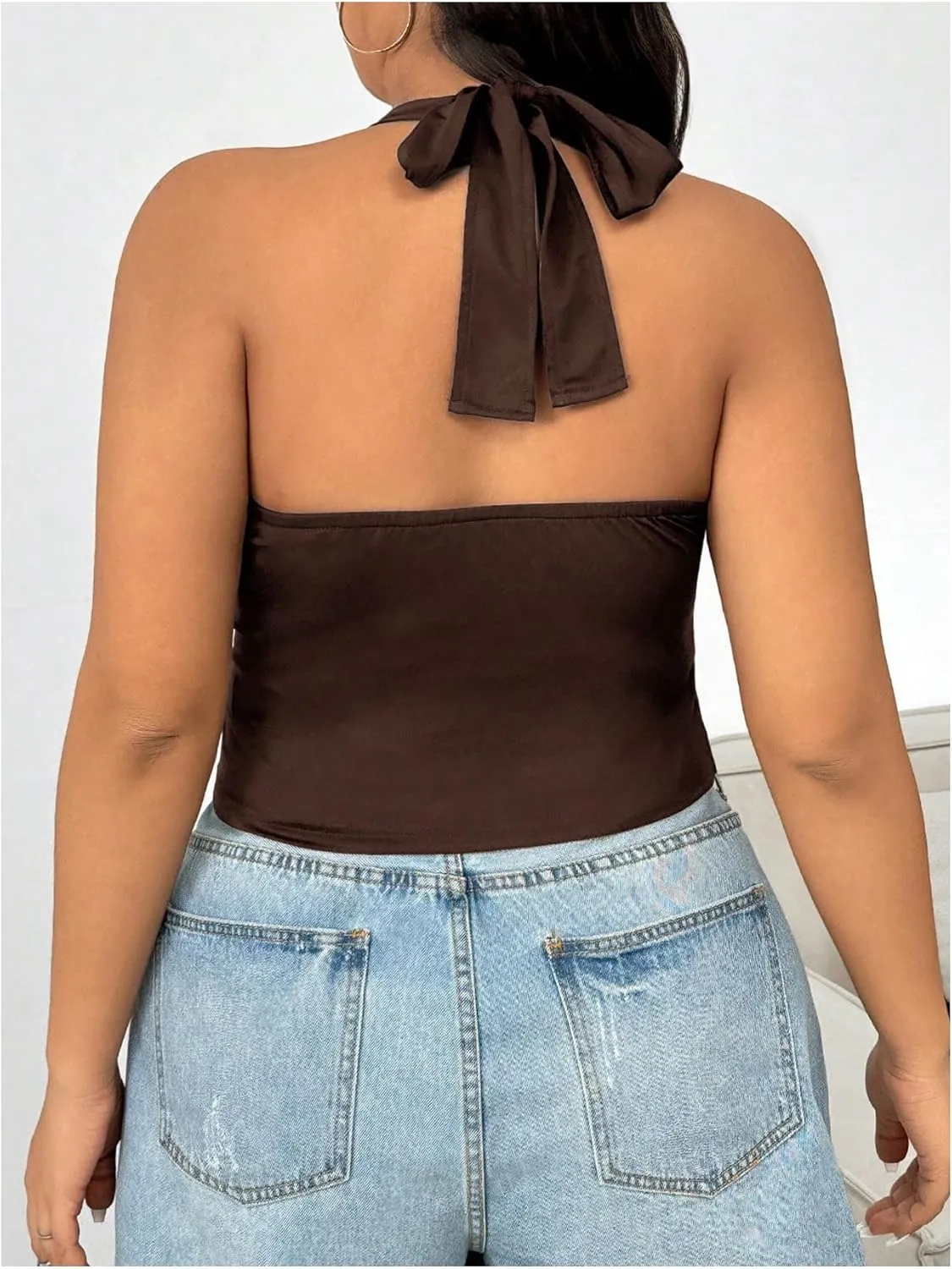 SOLY HUX Women's Plus Size Sexy Halter Deep V Neck Tank Top Backless Sleeveless Slim Fitted Going Out Crop Tops