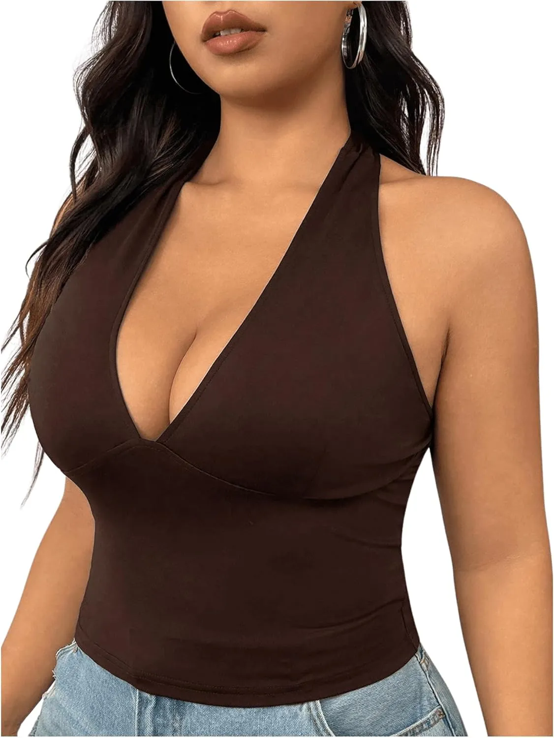 SOLY HUX Women's Plus Size Sexy Halter Deep V Neck Tank Top Backless Sleeveless Slim Fitted Going Out Crop Tops