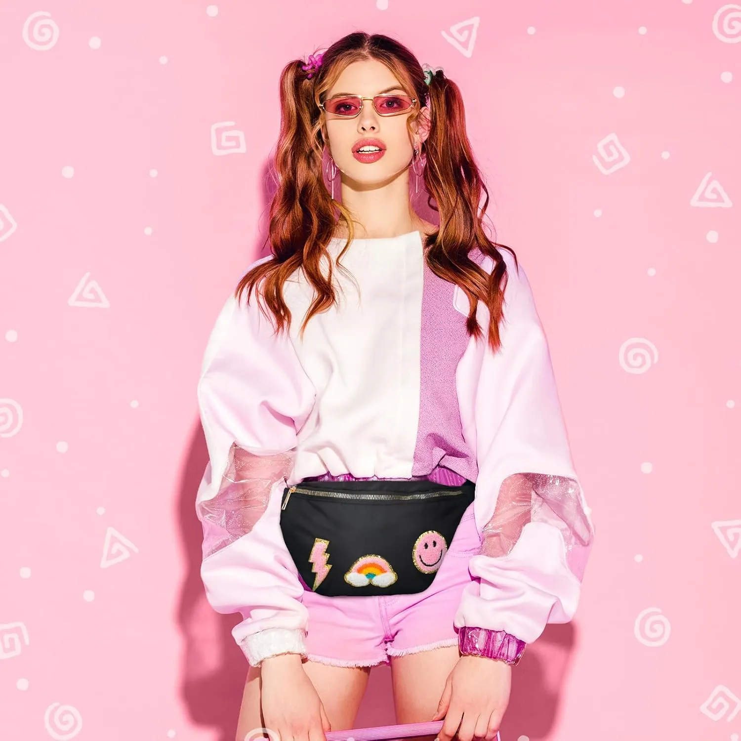 Sotiff Preppy Patch Nylon Fanny Pack Lightning Waist Pack Bag Adjustable Smile Face Fanny for Women Water Resistant Rainbow Bag for Girls(Black)