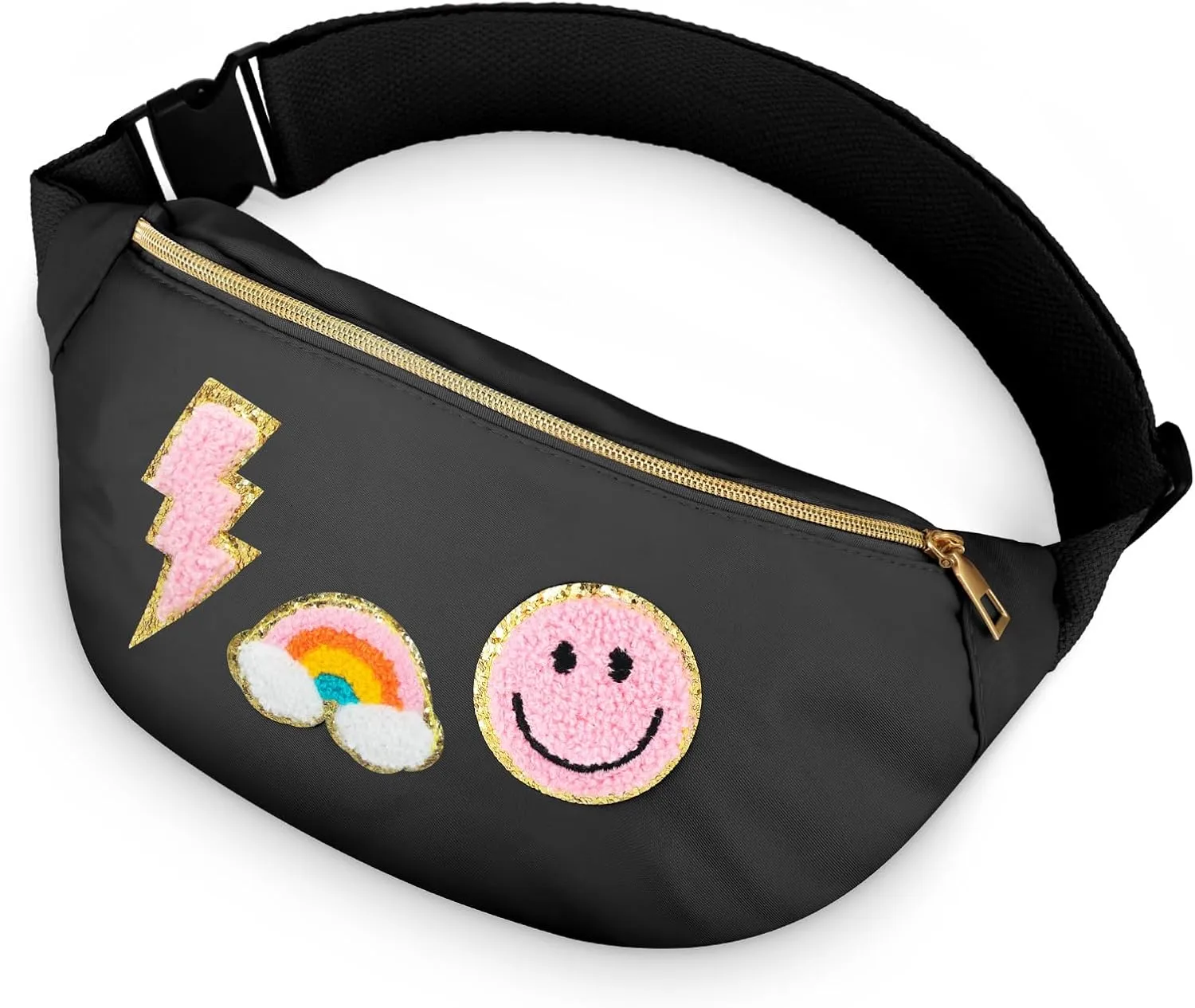 Sotiff Preppy Patch Nylon Fanny Pack Lightning Waist Pack Bag Adjustable Smile Face Fanny for Women Water Resistant Rainbow Bag for Girls(Black)