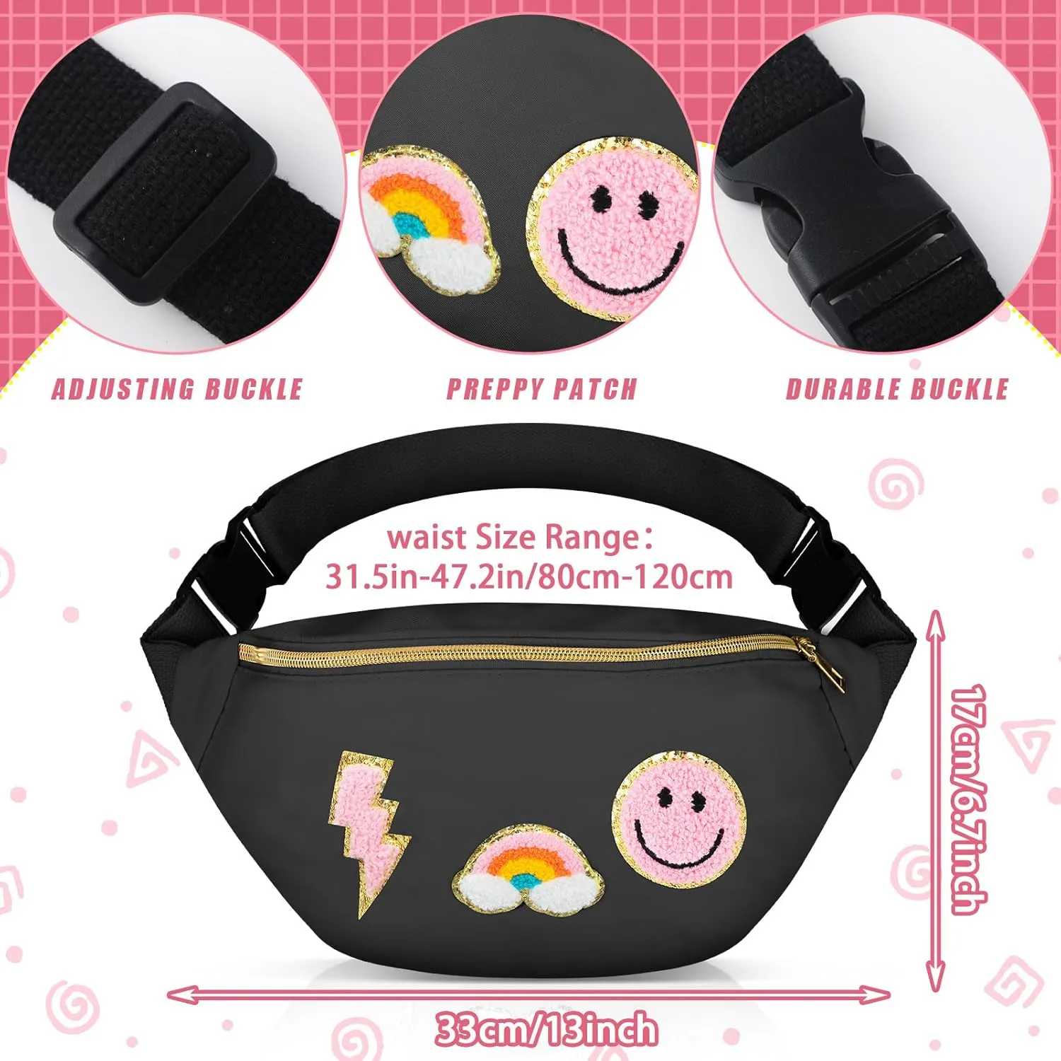 Sotiff Preppy Patch Nylon Fanny Pack Lightning Waist Pack Bag Adjustable Smile Face Fanny for Women Water Resistant Rainbow Bag for Girls(Black)