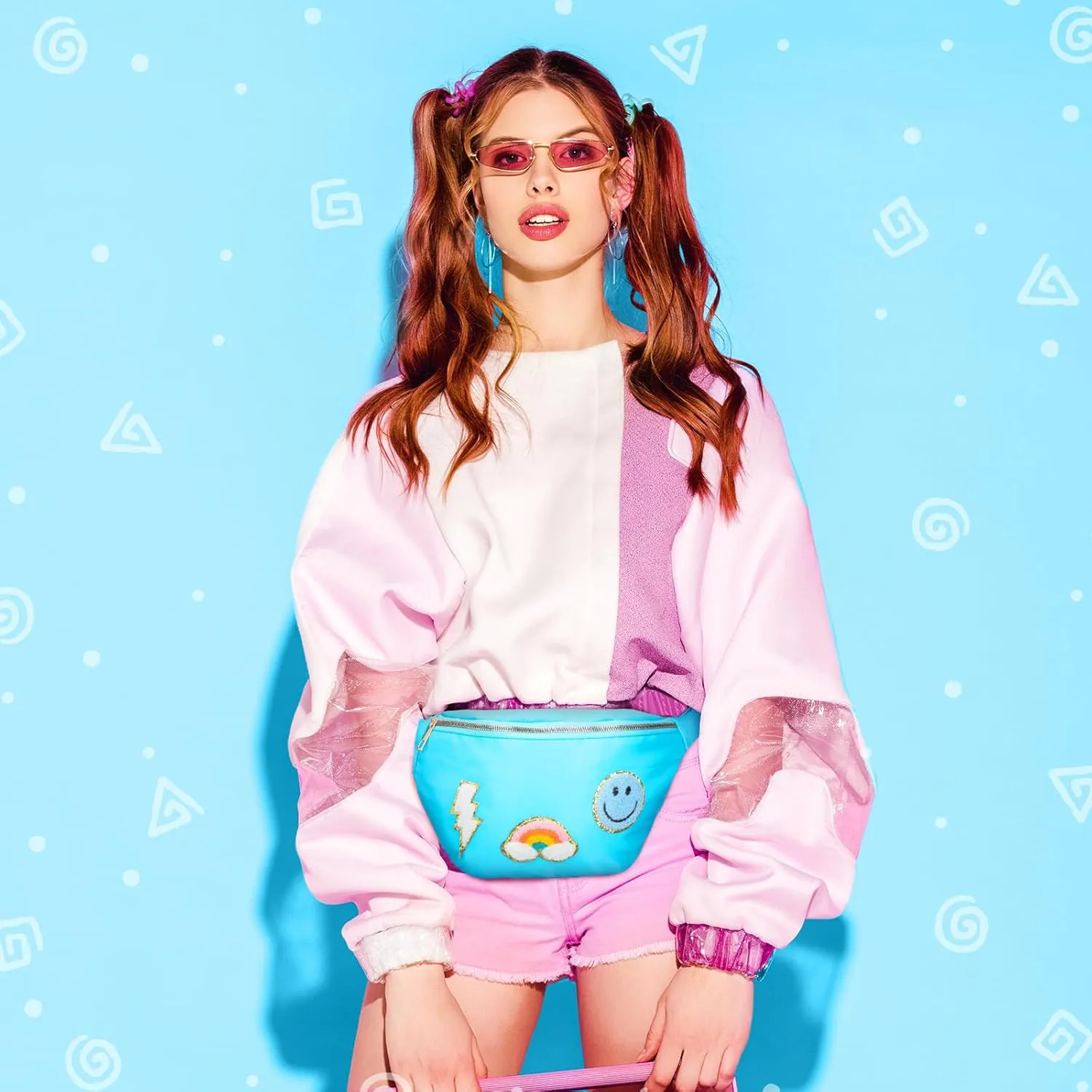 Sotiff Preppy Patch Nylon Fanny Pack Lightning Waist Pack Bag Adjustable Smile Face Fanny for Women Water Resistant Rainbow Bag for Girls(Blue)