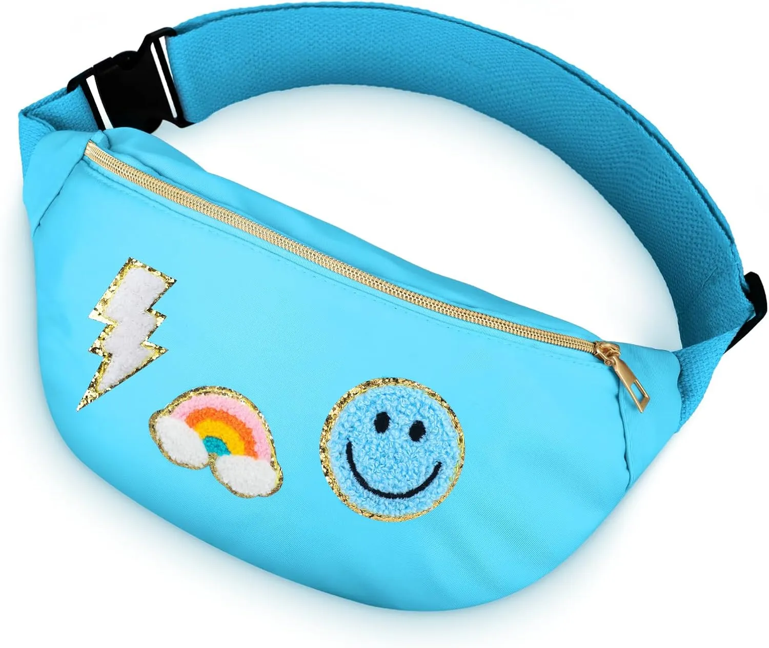 Sotiff Preppy Patch Nylon Fanny Pack Lightning Waist Pack Bag Adjustable Smile Face Fanny for Women Water Resistant Rainbow Bag for Girls(Blue)
