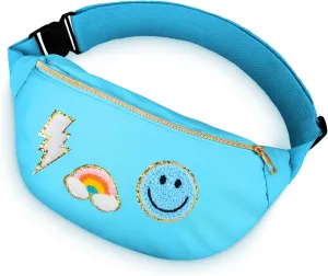 Sotiff Preppy Patch Nylon Fanny Pack Lightning Waist Pack Bag Adjustable Smile Face Fanny for Women Water Resistant Rainbow Bag for Girls(Blue)