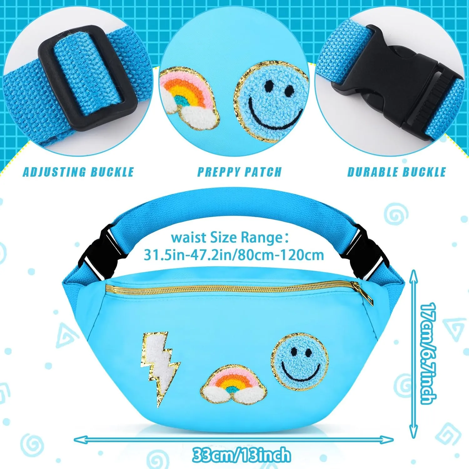 Sotiff Preppy Patch Nylon Fanny Pack Lightning Waist Pack Bag Adjustable Smile Face Fanny for Women Water Resistant Rainbow Bag for Girls(Blue)