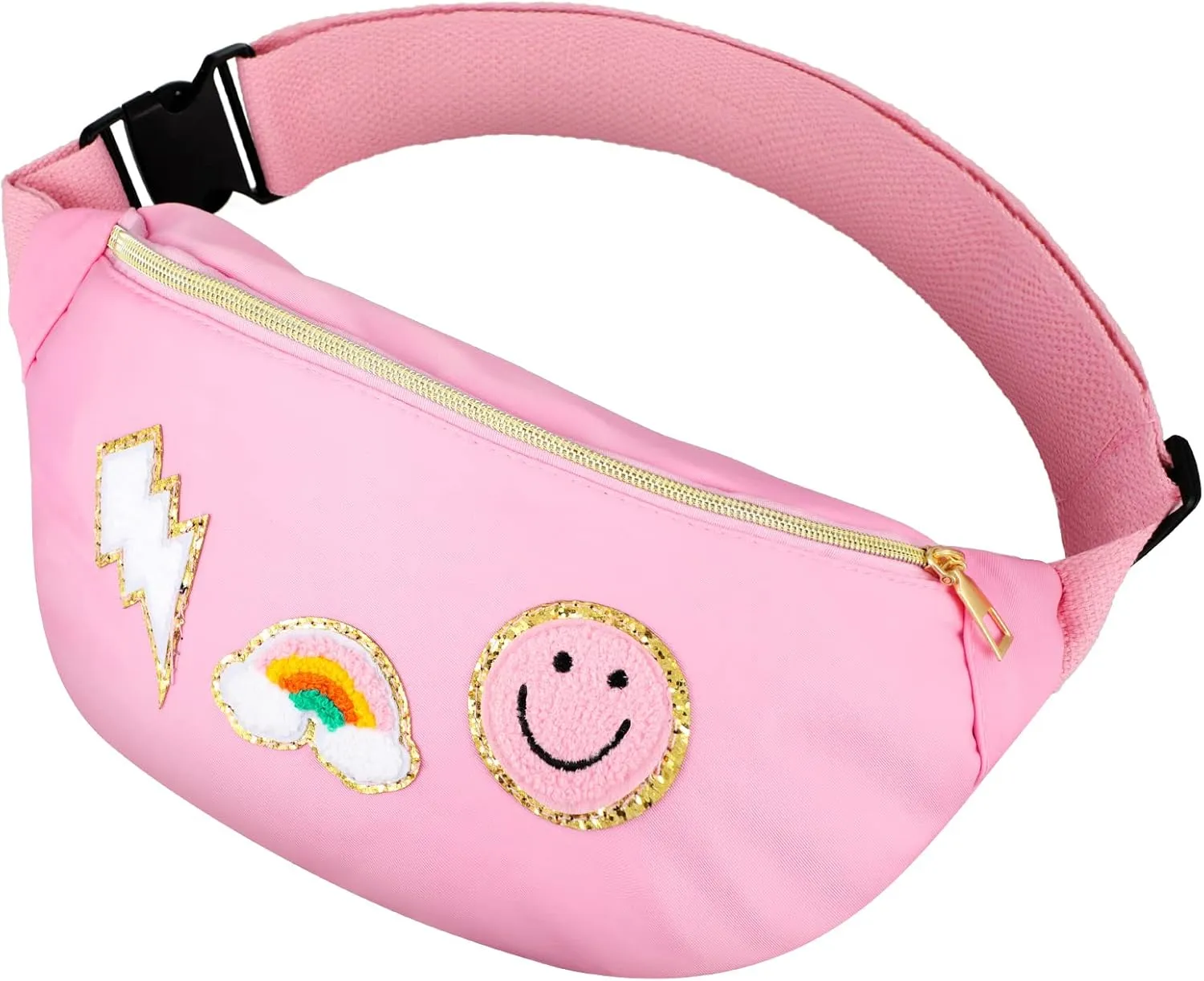 Sotiff Preppy Patch Nylon Fanny Pack Lightning Waist Pack Bag Adjustable Smile Face Fanny for Women Water Resistant Rainbow Bag for Girls(Pink)