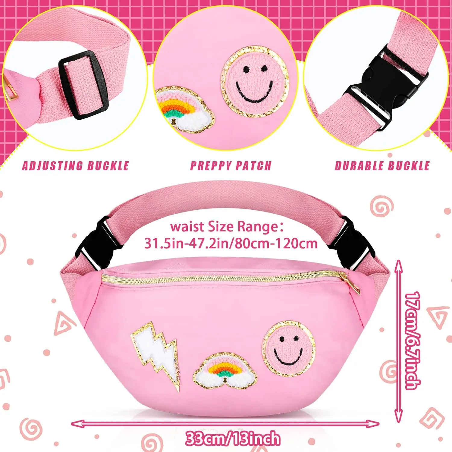 Sotiff Preppy Patch Nylon Fanny Pack Lightning Waist Pack Bag Adjustable Smile Face Fanny for Women Water Resistant Rainbow Bag for Girls(Pink)