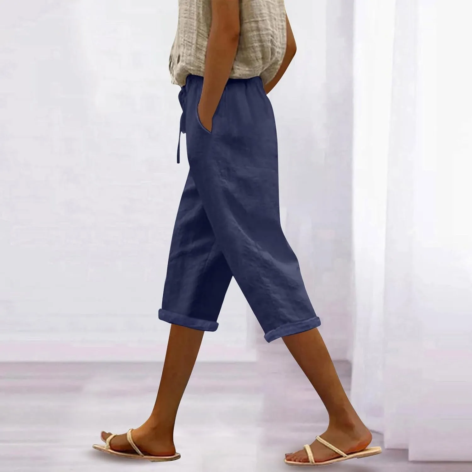 Straight Leg Linen Pants for Women Dressy Lounge Lightweight Loose High Waist Linen Slacks for Women