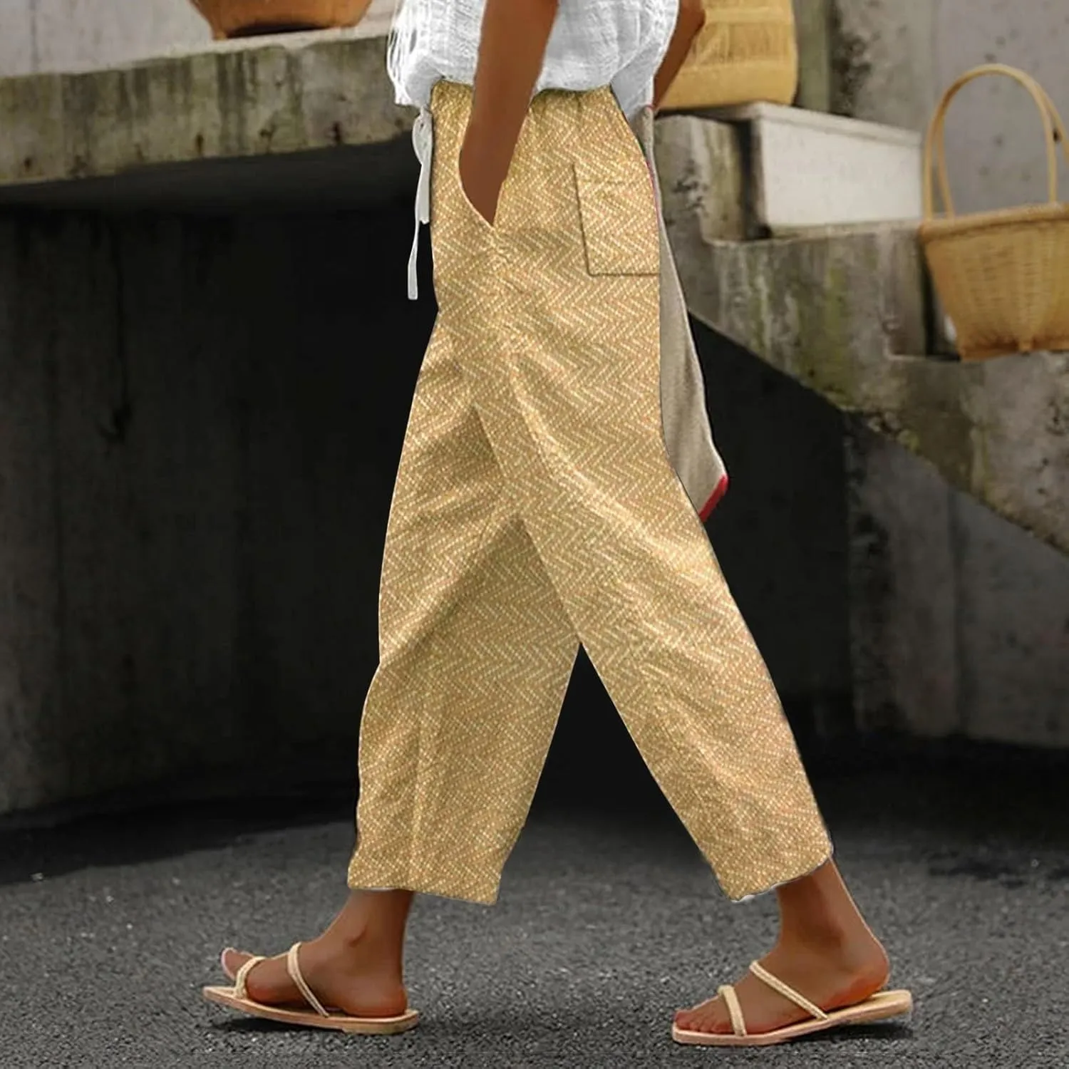 Striped Linen Capris Women Casual Drawstring Pants Striped Linen Capris Women Linen Pants Women Capri Linen