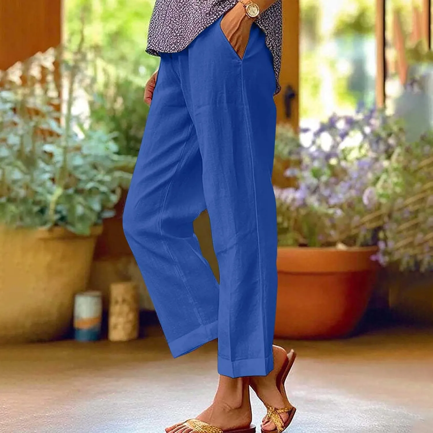 Summer Casual Wide Leg Linen Pants for Women Comfy Cotton Linen Pant Baggy Palazzo Trousers Pocket Boho Beach Outfits