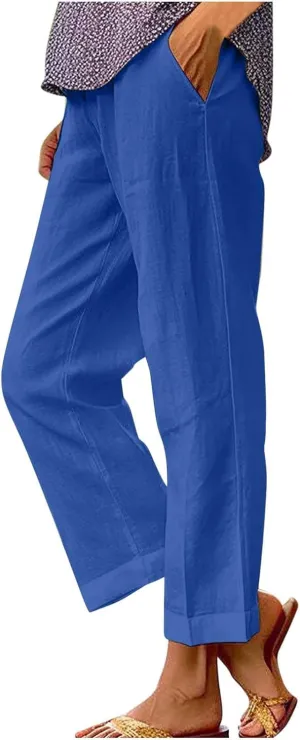 Summer Casual Wide Leg Linen Pants for Women Comfy Cotton Linen Pant Baggy Palazzo Trousers Pocket Boho Beach Outfits