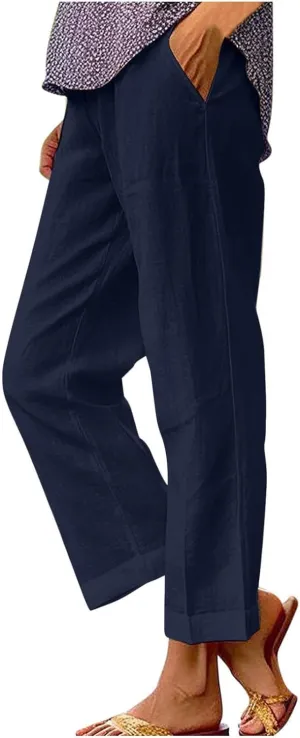 Summer Casual Wide Leg Linen Pants for Women Comfy Cotton Linen Pant Baggy Palazzo Trousers Pocket Boho Beach Outfits
