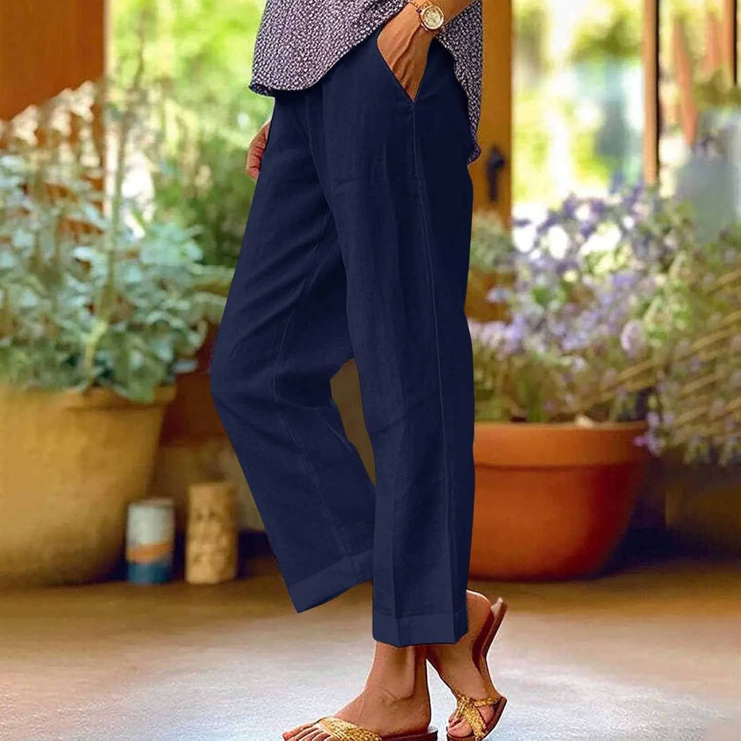 Summer Casual Wide Leg Linen Pants for Women Comfy Cotton Linen Pant Baggy Palazzo Trousers Pocket Boho Beach Outfits