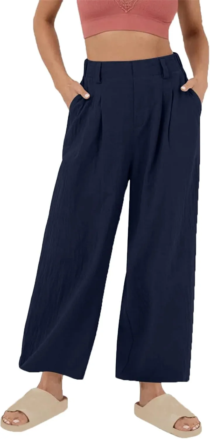 Summer Cotton Linen Pants for Women Loose Fit Wide Leg Trousers High Waist Flowy Beach Palazzo Pants with Pocket