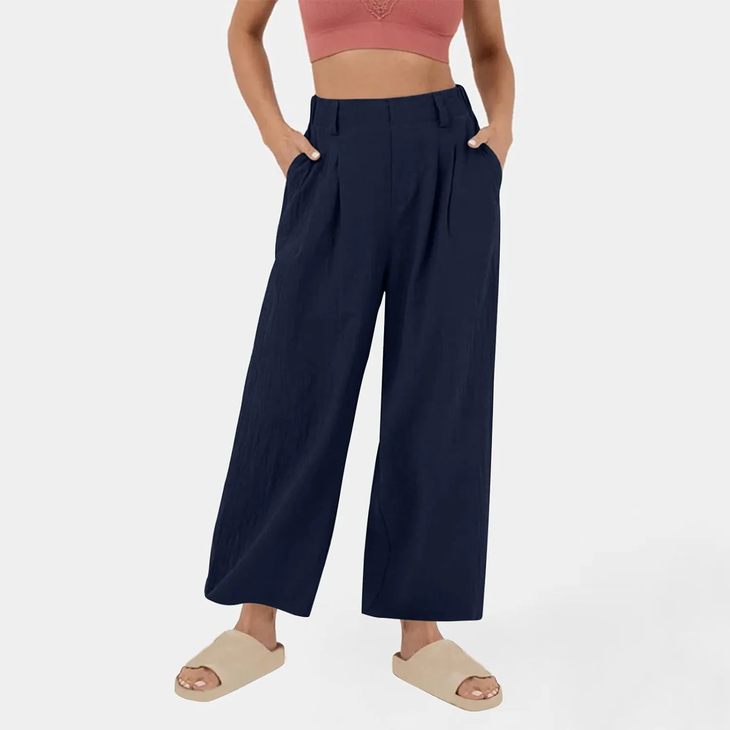 Summer Cotton Linen Pants for Women Loose Fit Wide Leg Trousers High Waist Flowy Beach Palazzo Pants with Pocket