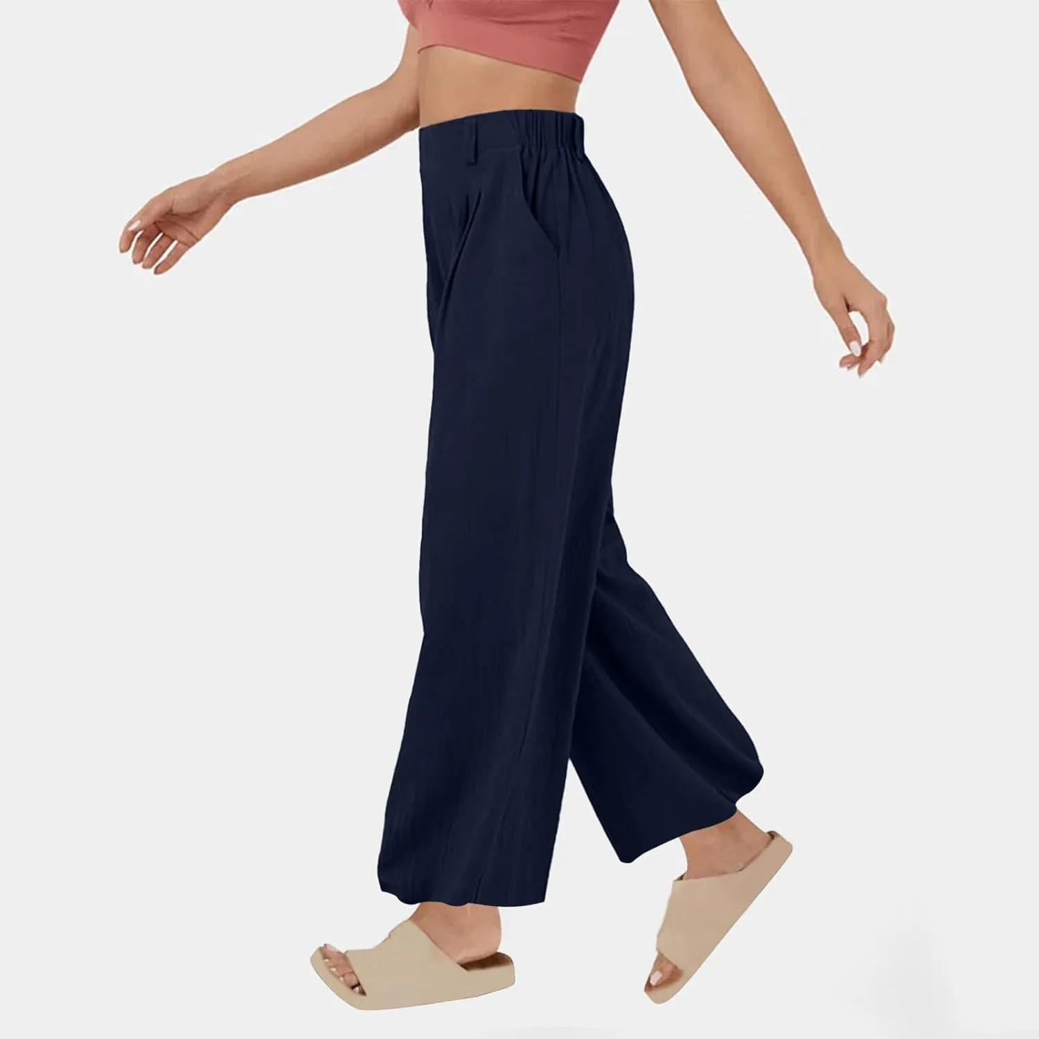 Summer Cotton Linen Pants for Women Loose Fit Wide Leg Trousers High Waist Flowy Beach Palazzo Pants with Pocket