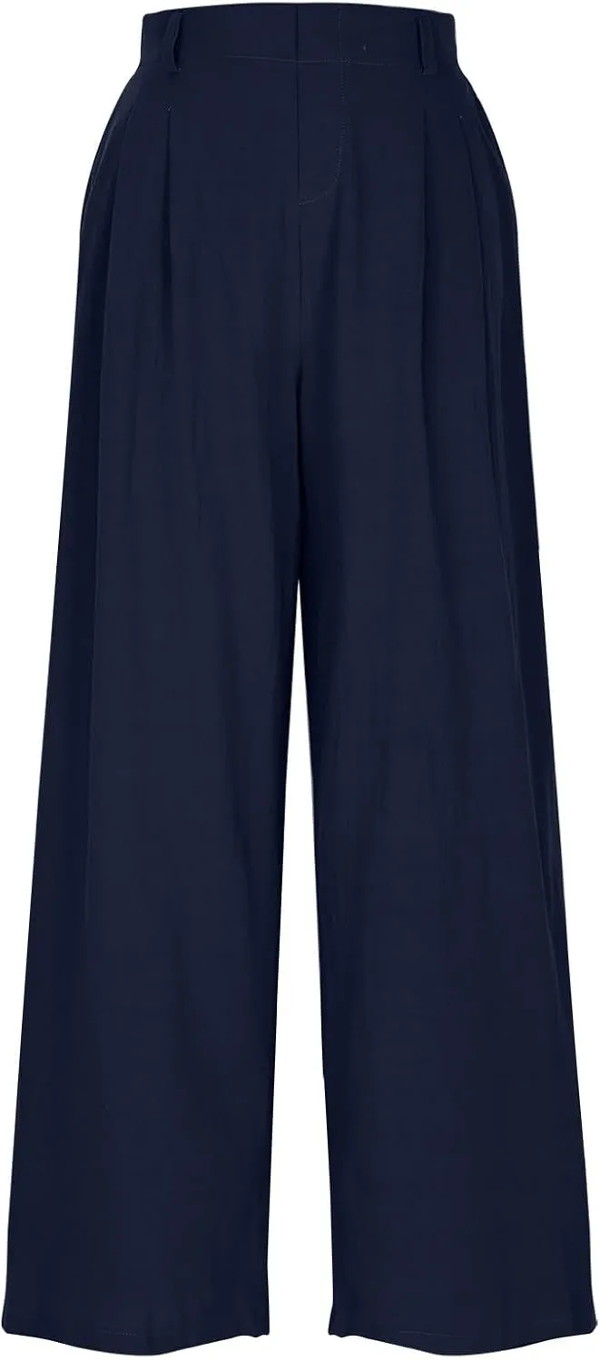 Summer Cotton Linen Pants for Women Loose Fit Wide Leg Trousers High Waist Flowy Beach Palazzo Pants with Pocket