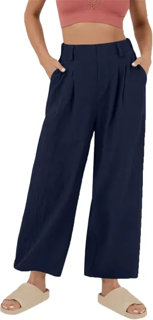 Summer Cotton Linen Pants for Women Loose Fit Wide Leg Trousers High Waist Flowy Beach Palazzo Pants with Pocket