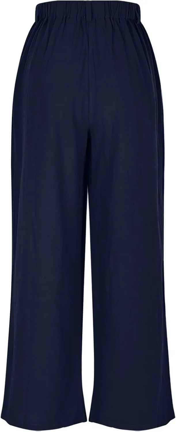 Summer Cotton Linen Pants for Women Loose Fit Wide Leg Trousers High Waist Flowy Beach Palazzo Pants with Pocket