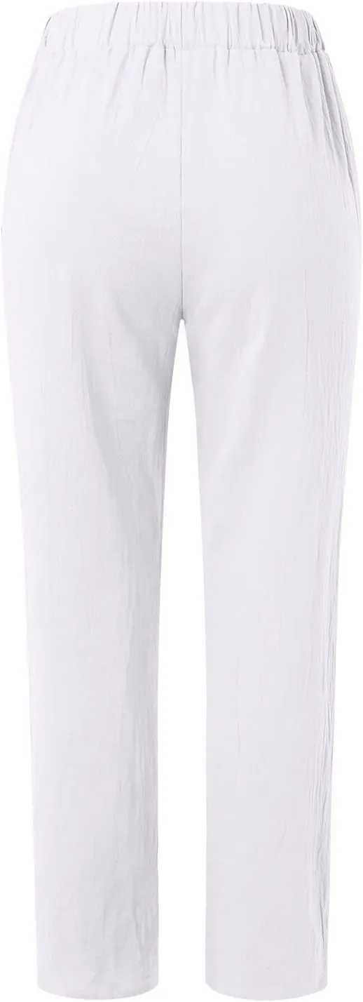 Summer Pants for Women 2024 Plus Size Linen Cotton Solid Lightweight Elastic Waist Casual Loose Comfy Trousers with Pockets