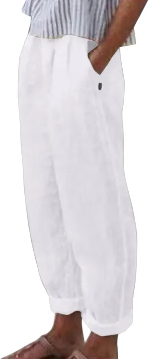 Summer Pants for Women 2024 Plus Size Linen Cotton Solid Lightweight Elastic Waist Casual Loose Comfy Trousers with Pockets