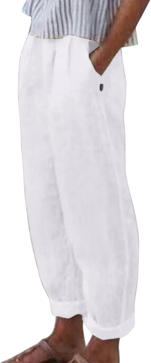Summer Pants for Women 2024 Plus Size Linen Cotton Solid Lightweight Elastic Waist Casual Loose Comfy Trousers with Pockets