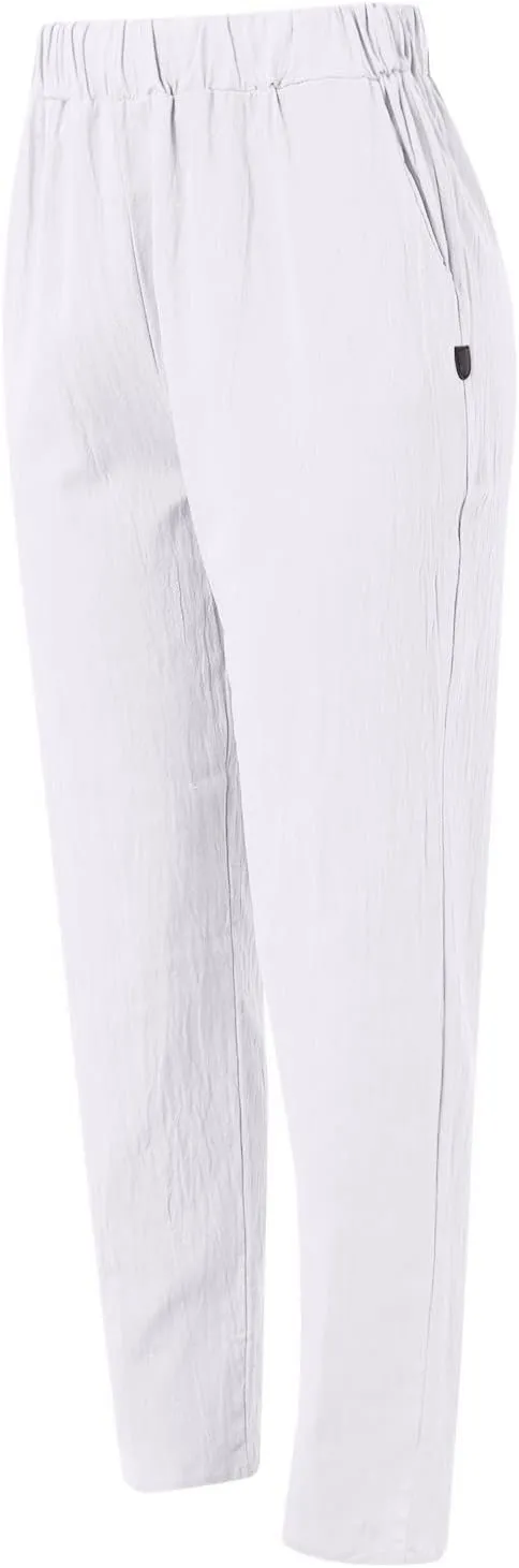 Summer Pants for Women 2024 Plus Size Linen Cotton Solid Lightweight Elastic Waist Casual Loose Comfy Trousers with Pockets