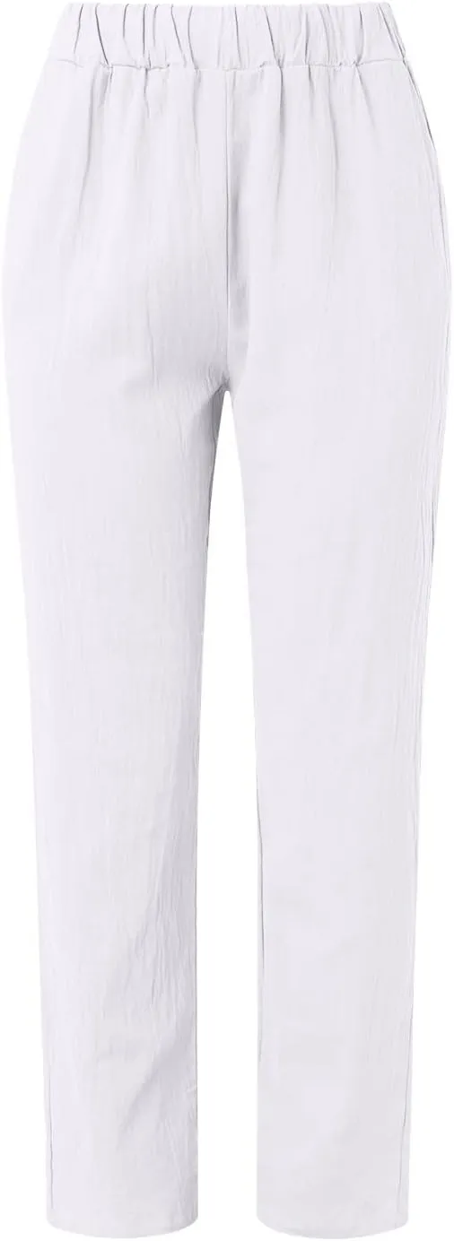 Summer Pants for Women 2024 Plus Size Linen Cotton Solid Lightweight Elastic Waist Casual Loose Comfy Trousers with Pockets