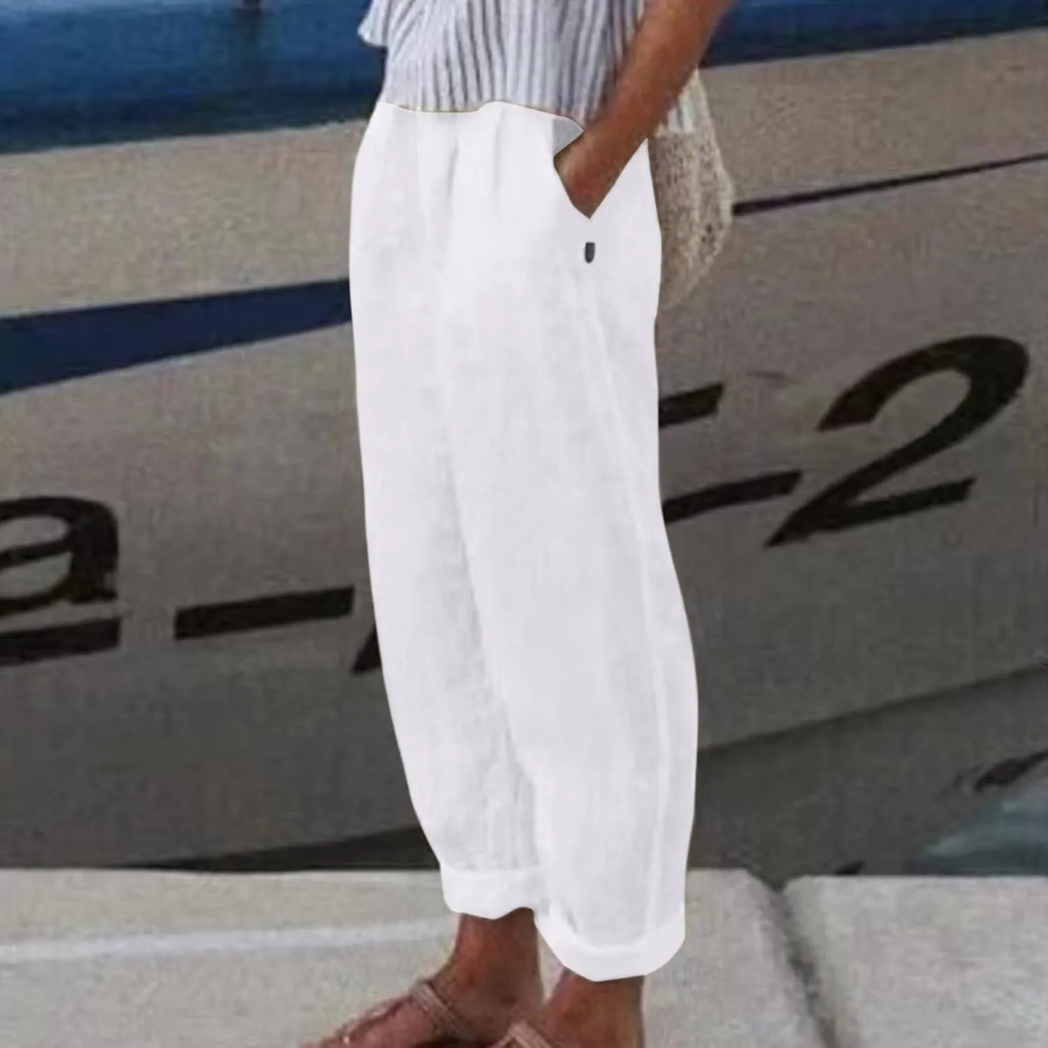 Summer Pants for Women 2024 Plus Size Linen Cotton Solid Lightweight Elastic Waist Casual Loose Comfy Trousers with Pockets