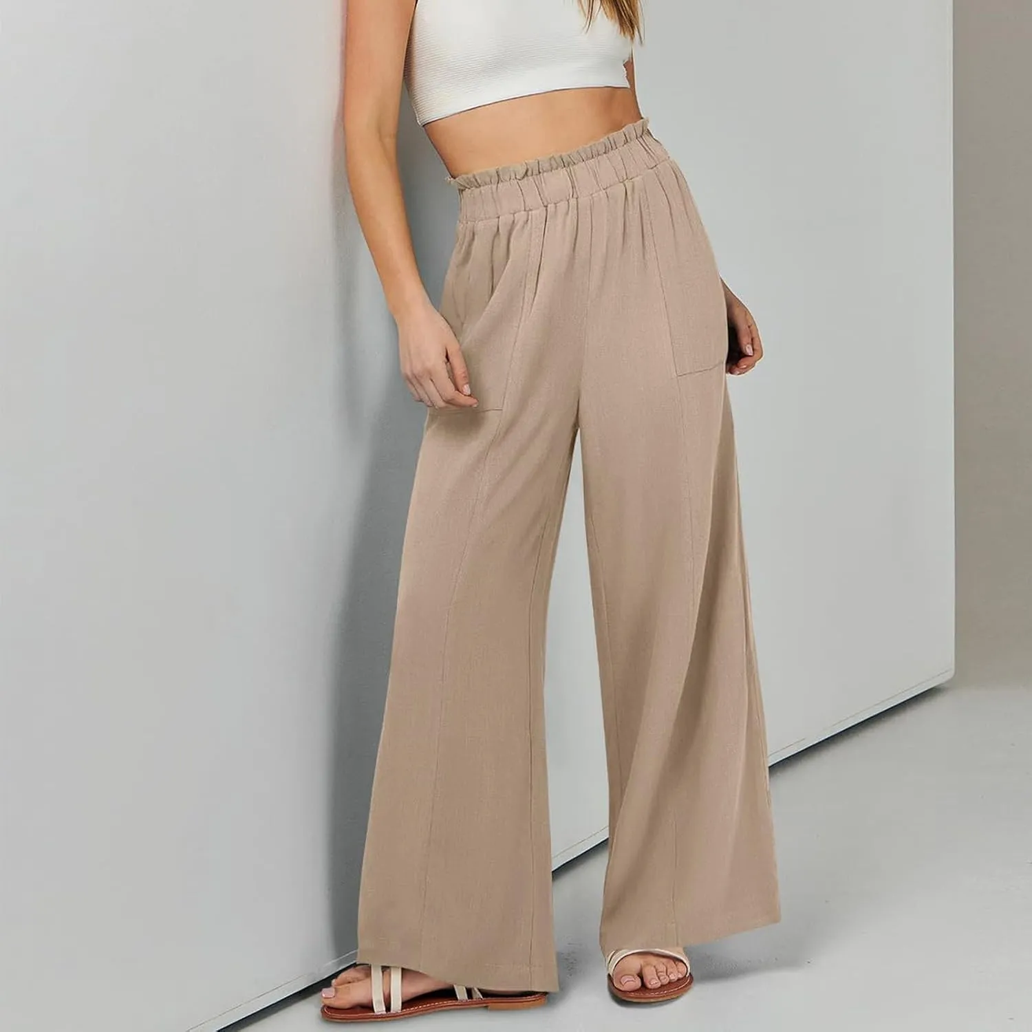 Summer Pants for Women 2025 Vacation Elastic High Waisted Paper Bag Linen Pants Trendy Travel Vacation Trouser with Pockets