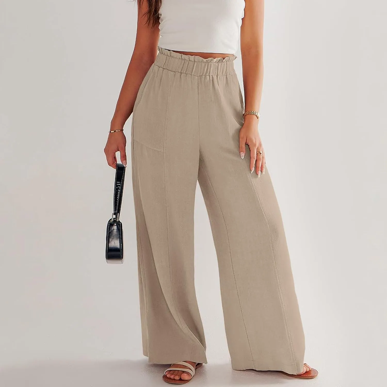 Summer Pants for Women 2025 Vacation Elastic High Waisted Paper Bag Linen Pants Trendy Travel Vacation Trouser with Pockets