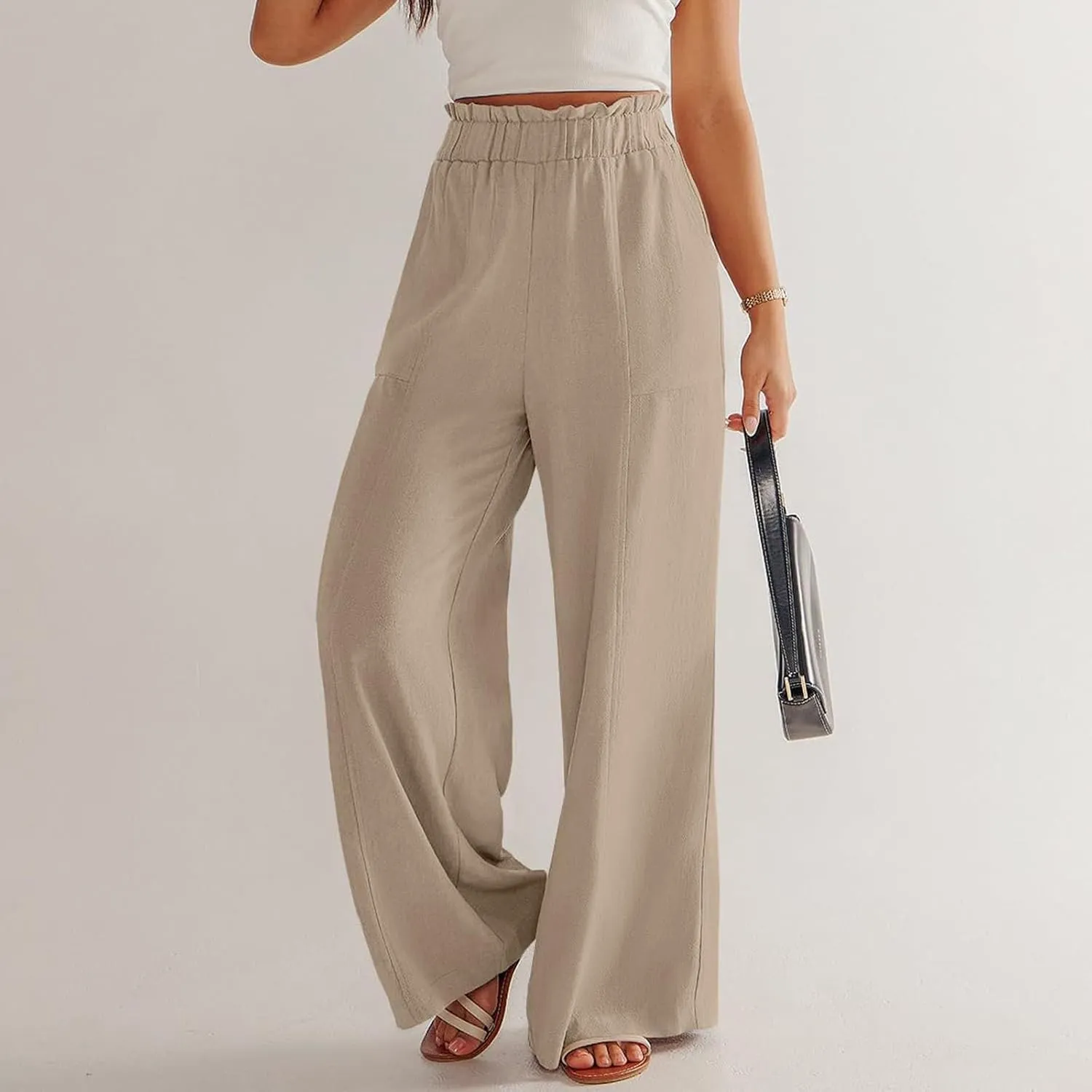 Summer Pants for Women 2025 Vacation Elastic High Waisted Paper Bag Linen Pants Trendy Travel Vacation Trouser with Pockets