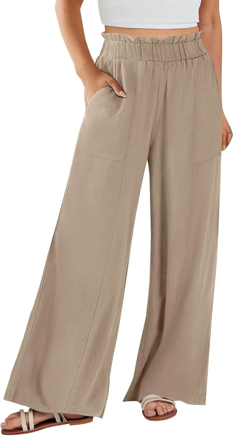 Summer Pants for Women 2025 Vacation Elastic High Waisted Paper Bag Linen Pants Trendy Travel Vacation Trouser with Pockets