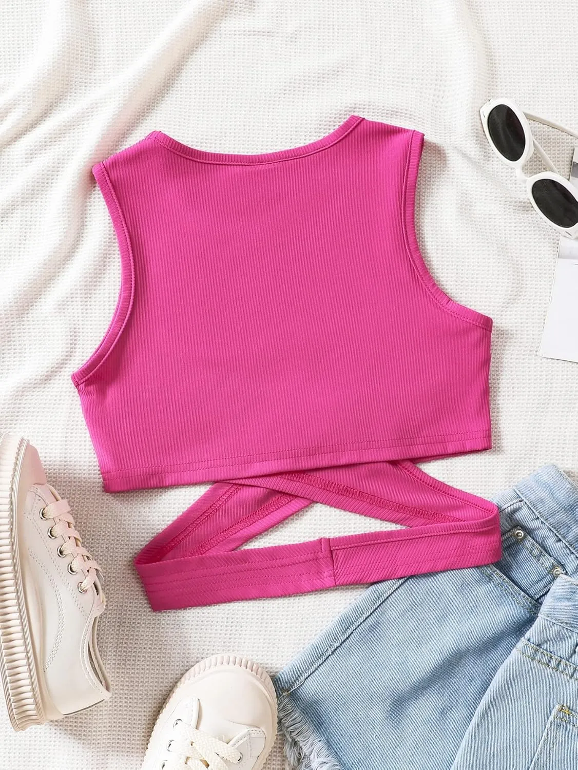 SweatyRocks Girl's Sleeveless Round Neck Criss Cross Wrap Top Ribbed Knit Crop Tank Tops