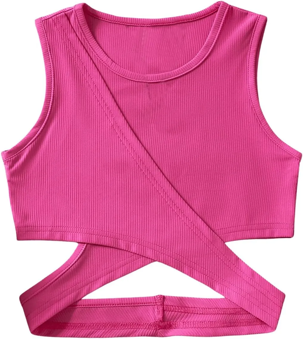SweatyRocks Girl's Sleeveless Round Neck Criss Cross Wrap Top Ribbed Knit Crop Tank Tops