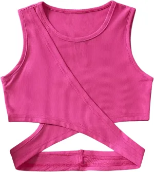 SweatyRocks Girl's Sleeveless Round Neck Criss Cross Wrap Top Ribbed Knit Crop Tank Tops