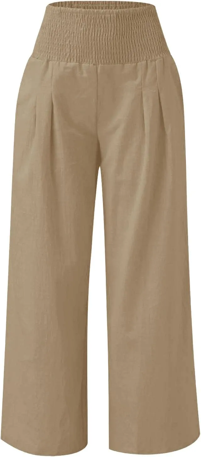 Teen Girls Cotton Linen Palazzo Pants Summer High Waist Casual Lounge Wide Leg Pant 2025 Beach Travel Resort Trousers
