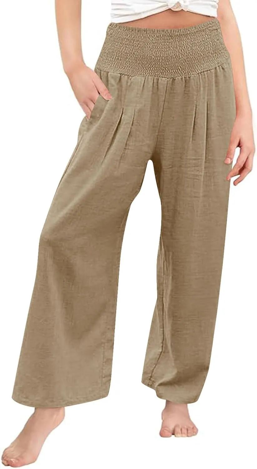 Teen Girls Cotton Linen Palazzo Pants Summer High Waist Casual Lounge Wide Leg Pant 2025 Beach Travel Resort Trousers