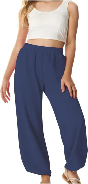 Teen Girls Palazzo Pants 2025 Summer Casual Cotton Linen Trousers Lightweight Elastic Waist Preppy Solid Loose Pant