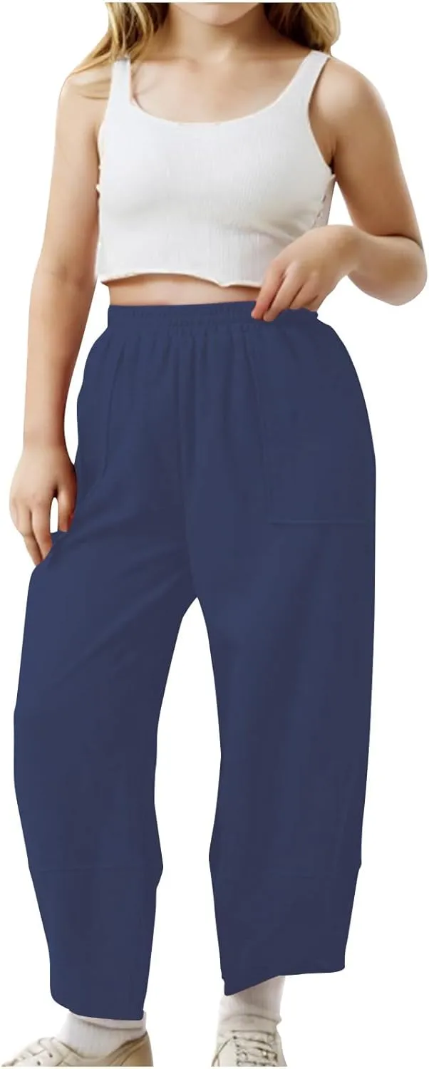 Teen Girls Palazzo Pants 2025 Summer Casual Cotton Linen Trousers Lightweight Elastic Waist Preppy Solid Loose Pant