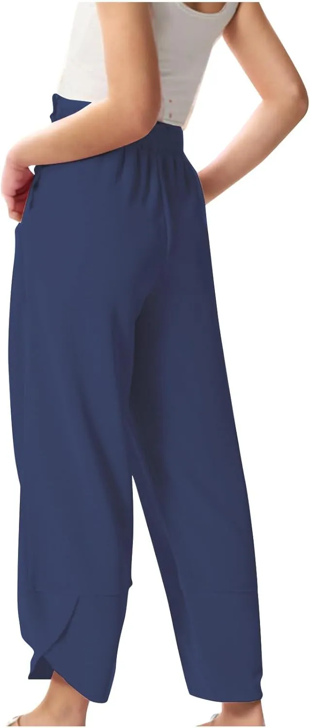 Teen Girls Palazzo Pants 2025 Summer Casual Cotton Linen Trousers Lightweight Elastic Waist Preppy Solid Loose Pant