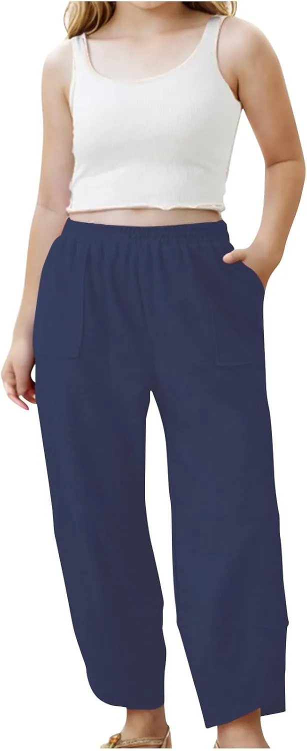 Teen Girls Palazzo Pants 2025 Summer Casual Cotton Linen Trousers Lightweight Elastic Waist Preppy Solid Loose Pant