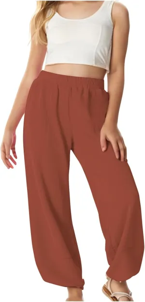 Teen Girls Palazzo Pants Summer Casual Cotton Linen Trousers Kids Lightweight Elastic Waist Solid Color Wide Leg Pant
