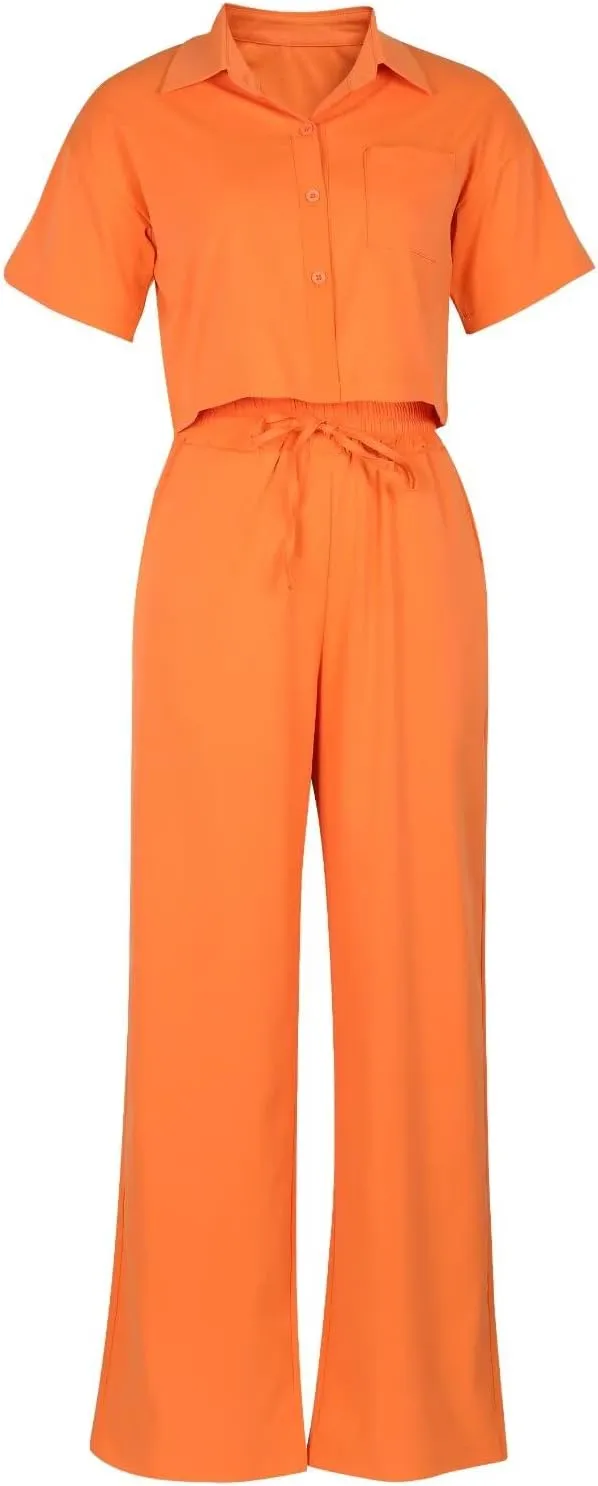 ThusFar Women Linen 2 Piece Outfits Short Sleeve Button Down Crop Top Drawstring Long Pants Suit Summer Work Lounge Set
