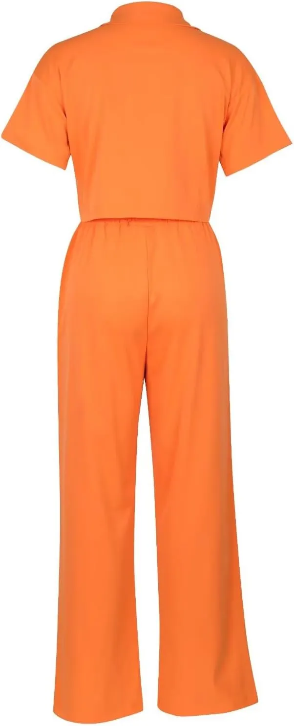ThusFar Women Linen 2 Piece Outfits Short Sleeve Button Down Crop Top Drawstring Long Pants Suit Summer Work Lounge Set