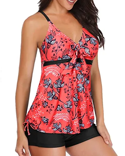 Tie Knot Swimsuit Tankini Top With Shorts Tummy Control Swimwear For Women-Red Floral