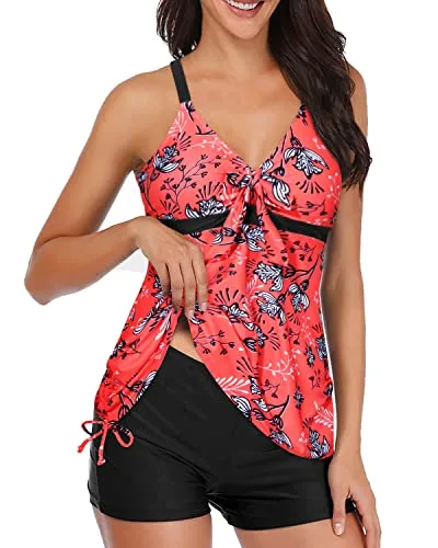 Tie Knot Swimsuit Tankini Top With Shorts Tummy Control Swimwear For Women-Red Floral