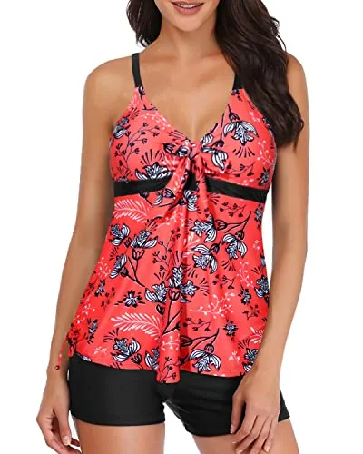 Tie Knot Swimsuit Tankini Top With Shorts Tummy Control Swimwear For Women-Red Floral